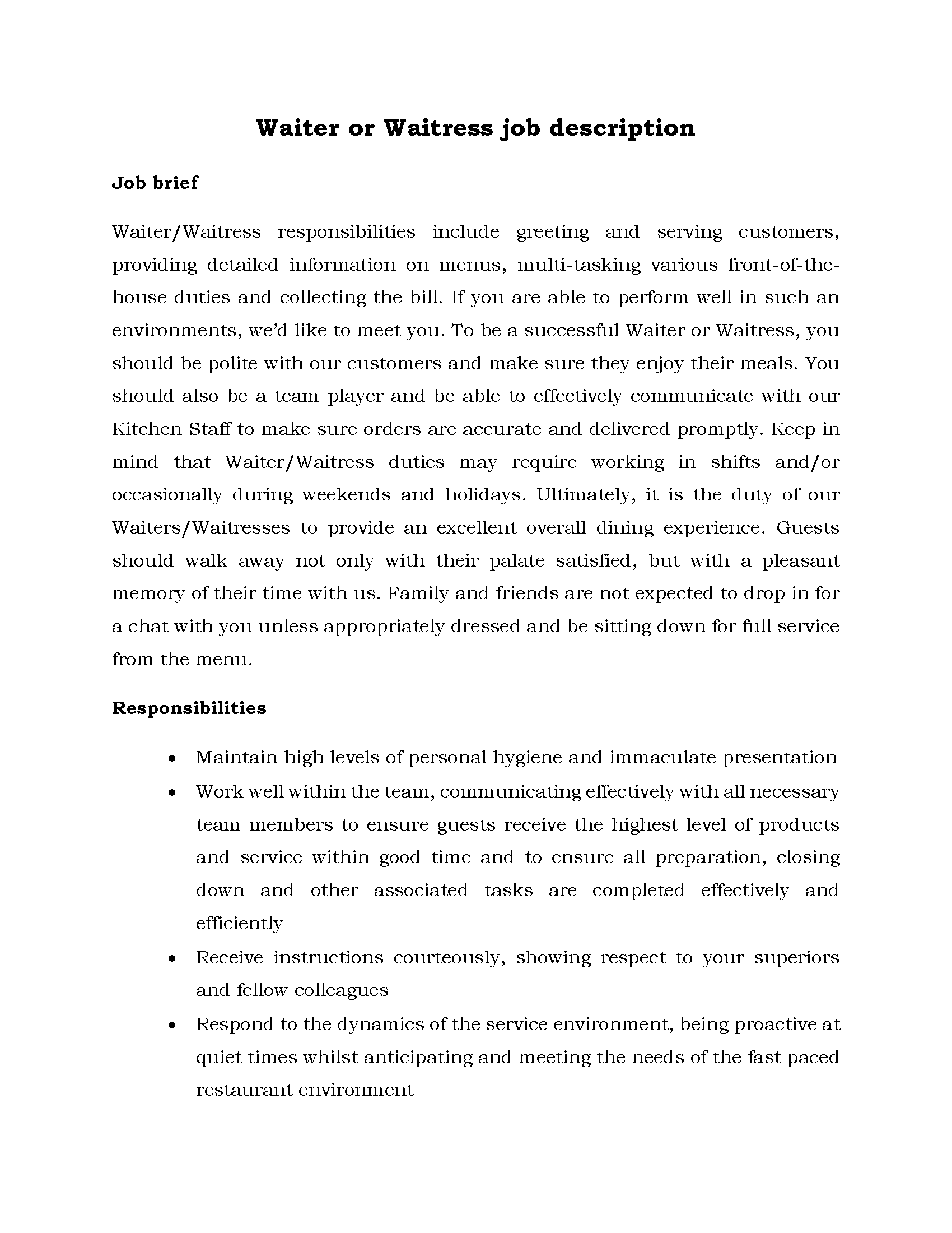 32-Waiter or Waitress job description